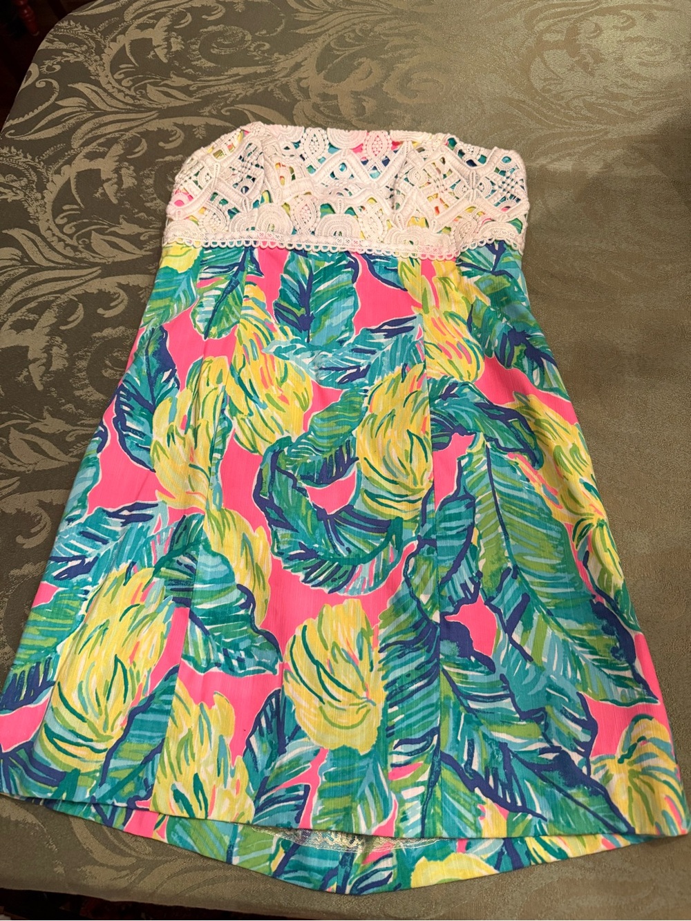 Lilly Pulitzer Crochet-Top Tropical Print Strapless Dress - Pink, Green, Yellow